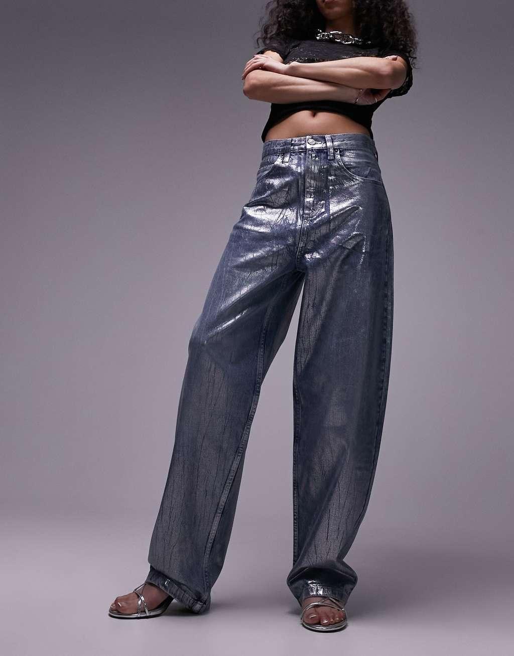 Topshop silver foil high rise baggy jeans in mid blue Product Image