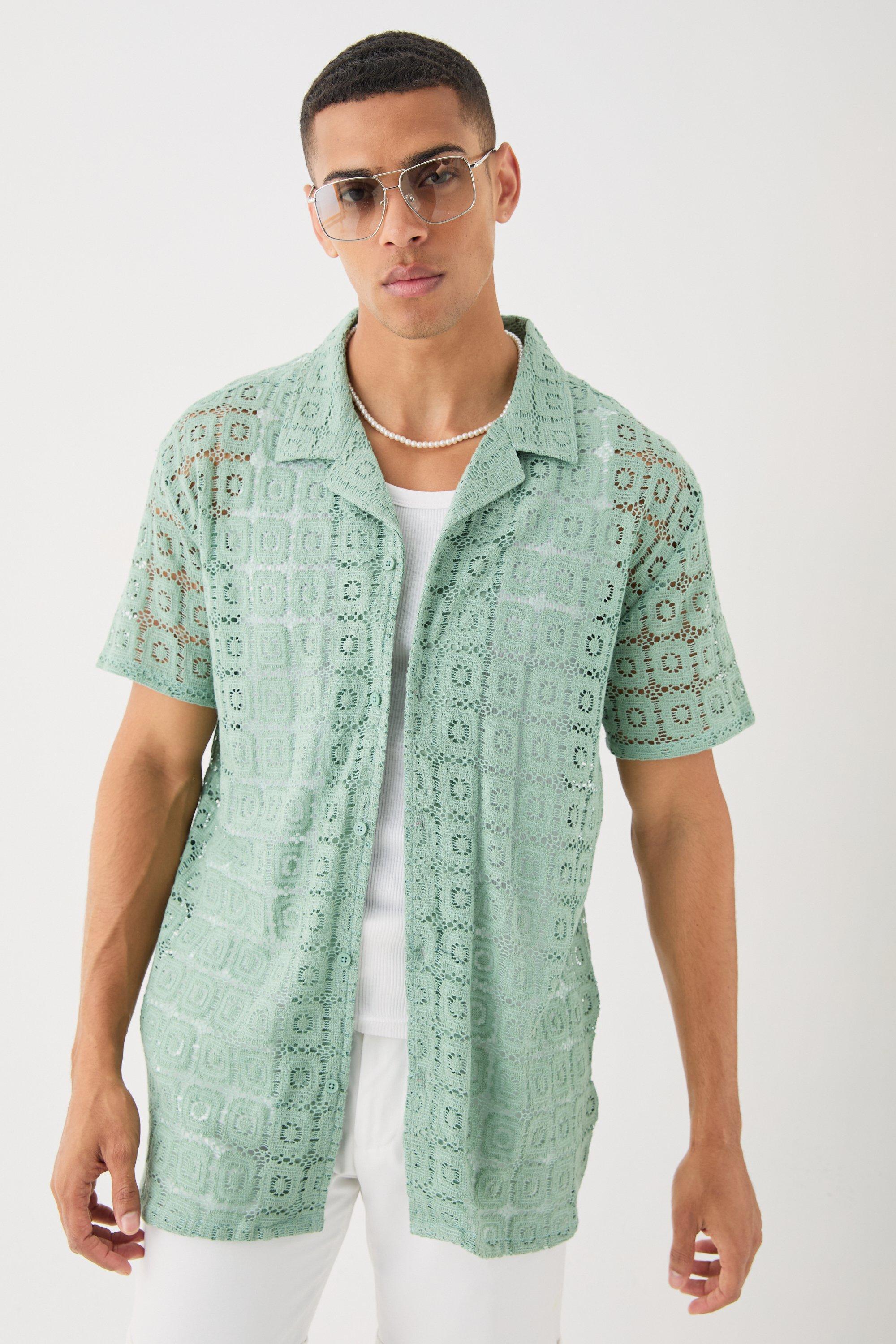 Mens Green Oversized Open Weave Lace Shirt, Green Product Image