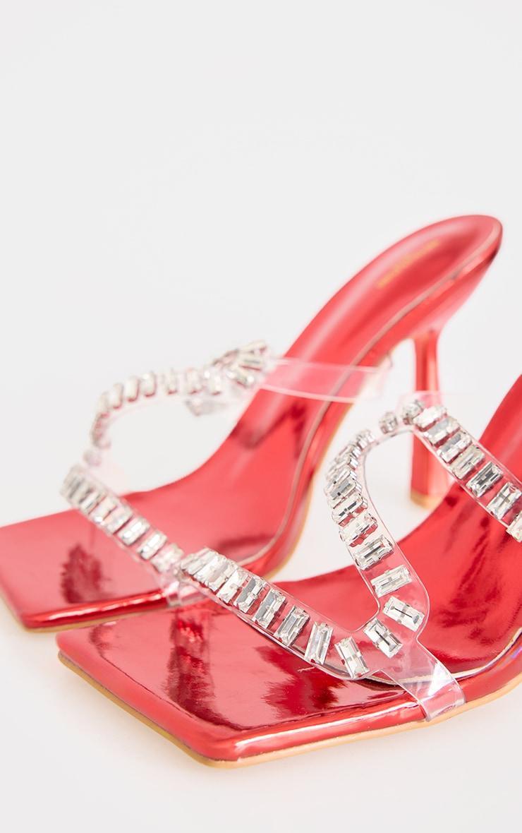 Red PU Wide Fit Metallic Square Toe Diamante Strap Heeled Mules product image