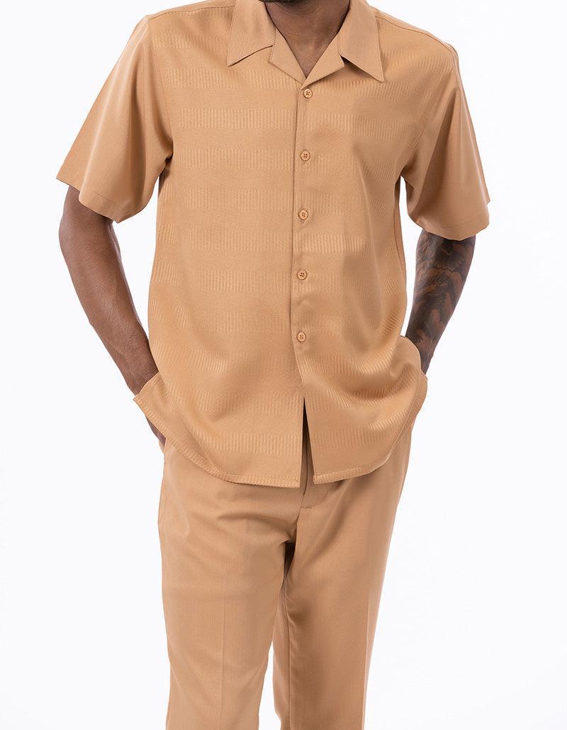 (3XL) Tan Walking Suit Tone on Tone Vertical Stripes 2 Piece Short Sleeve Set Product Image