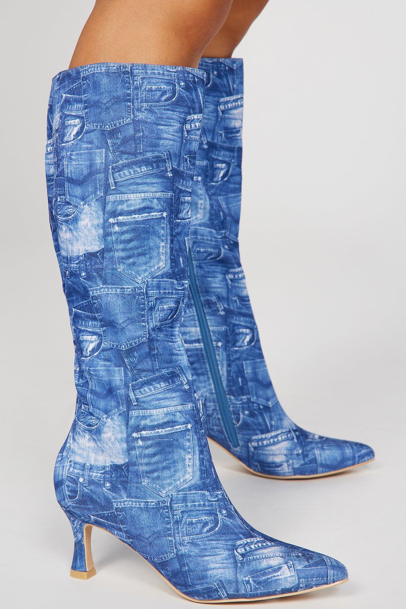 Just So You Know Knee High Heeled Boots - Denim Product Image