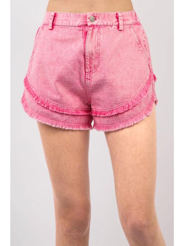 Pink Frayed Layered Washed Cotton Twill Denim Shorts Product Image