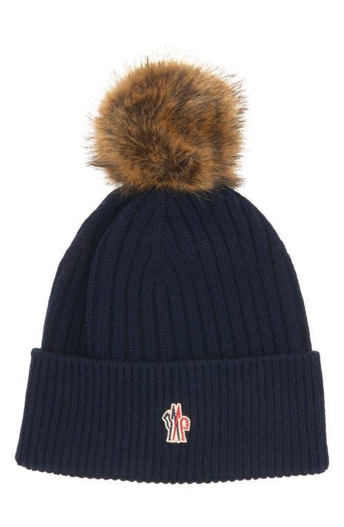 Moncler Grenoble Cashmere & Wool Rib Beanie with Faux Fur Pompom Product Image