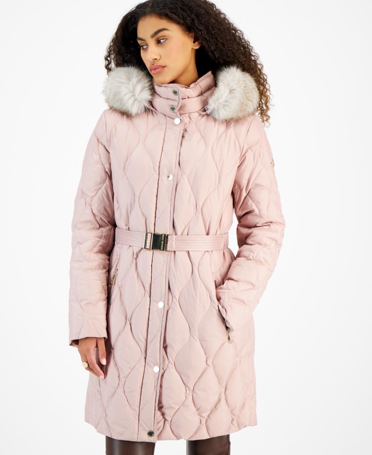 Michael Michael Kors Womens Belted Faux-Fur-Trimmed Hooded Puffer Coat Product Image