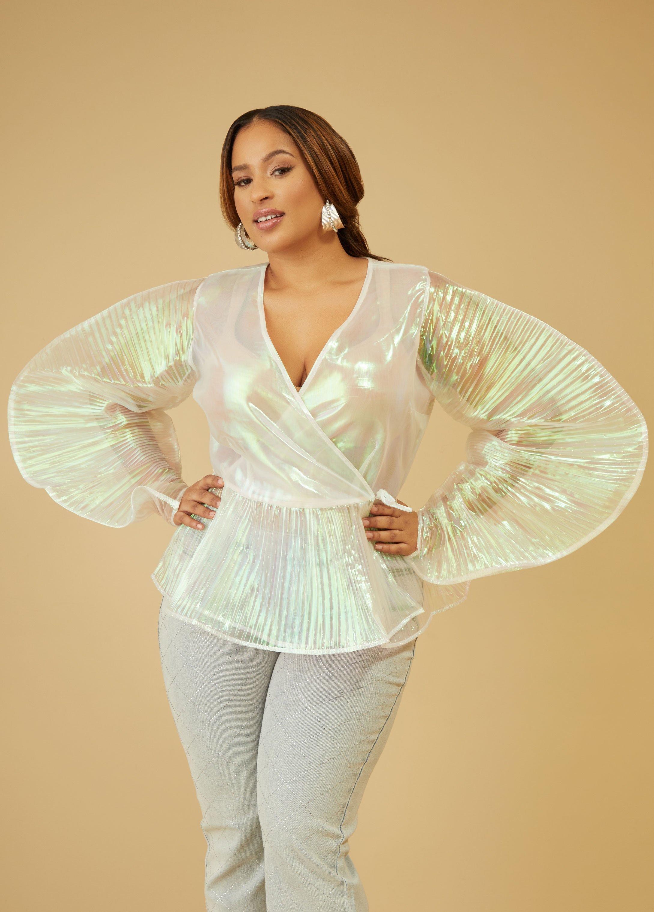 Plus Size Iridescent Organza Wrap Blouse Ashley Stewart Product Image