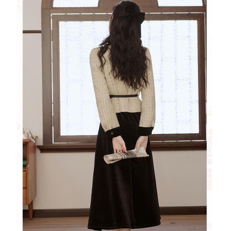 Set: Collar Two Tone Tweed Button Jacket + High Rise Plain Velvet Midi A-Line Skirt + Belt Product Image