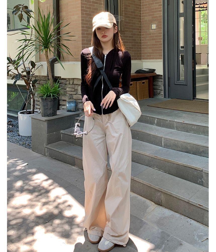 Drawstring Waist Plain Wide Leg Parachute Pants Product Image