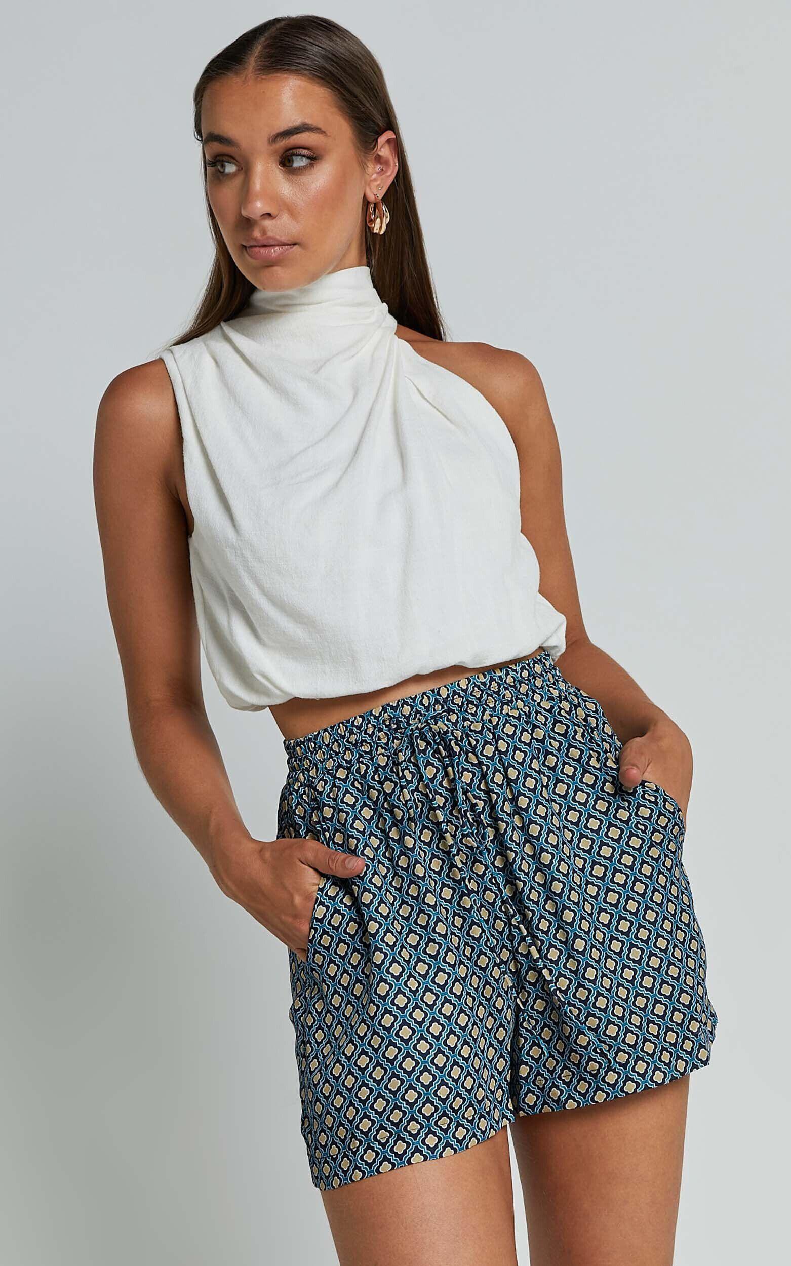 Brunita Shorts - High Waisted Tie Shorts in Tile Geo Product Image