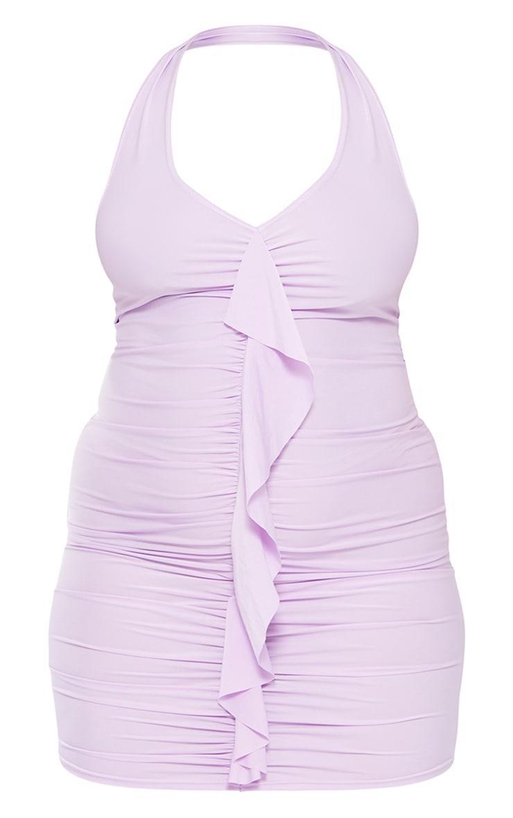 Plus Lilac Ruffle Detail Halterneck Bodycon Dress Product Image