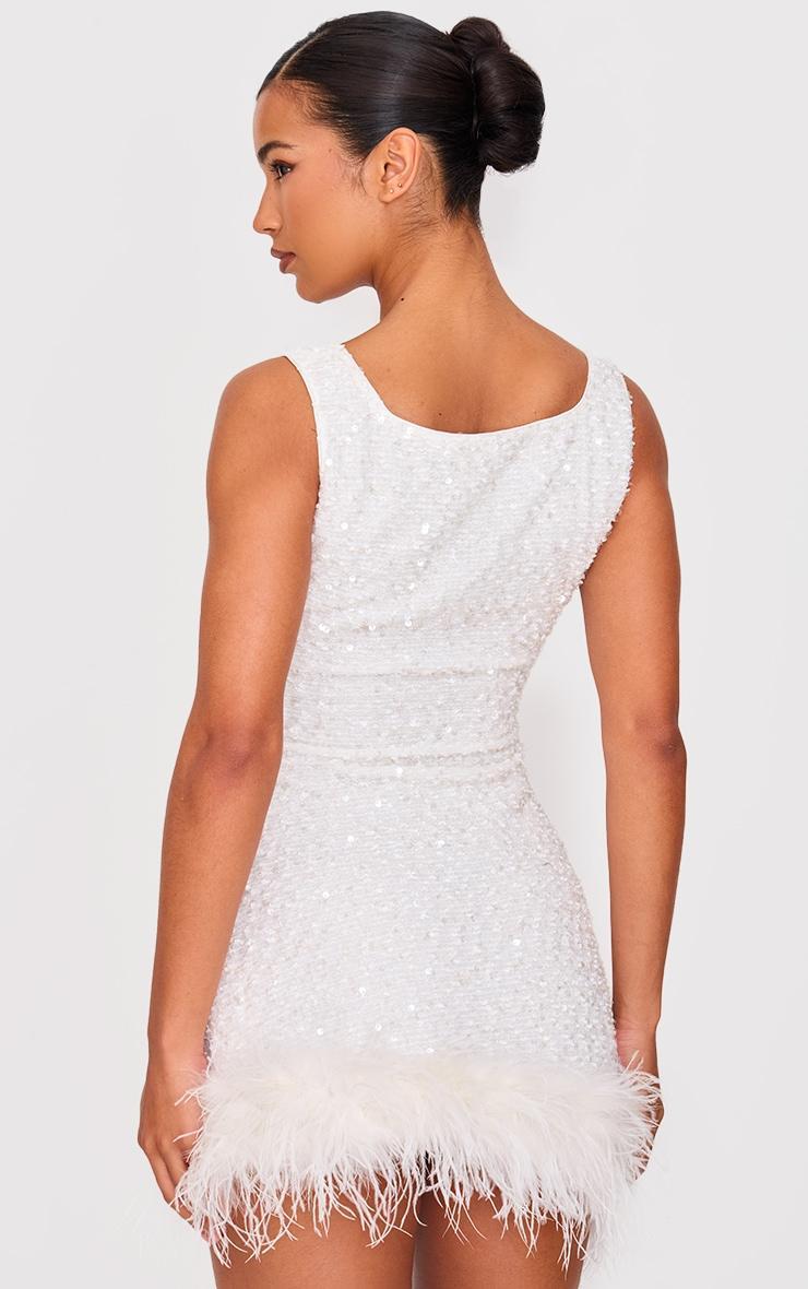 White Sequin Scoop Neck Feather Hem Shift Dress Product Image