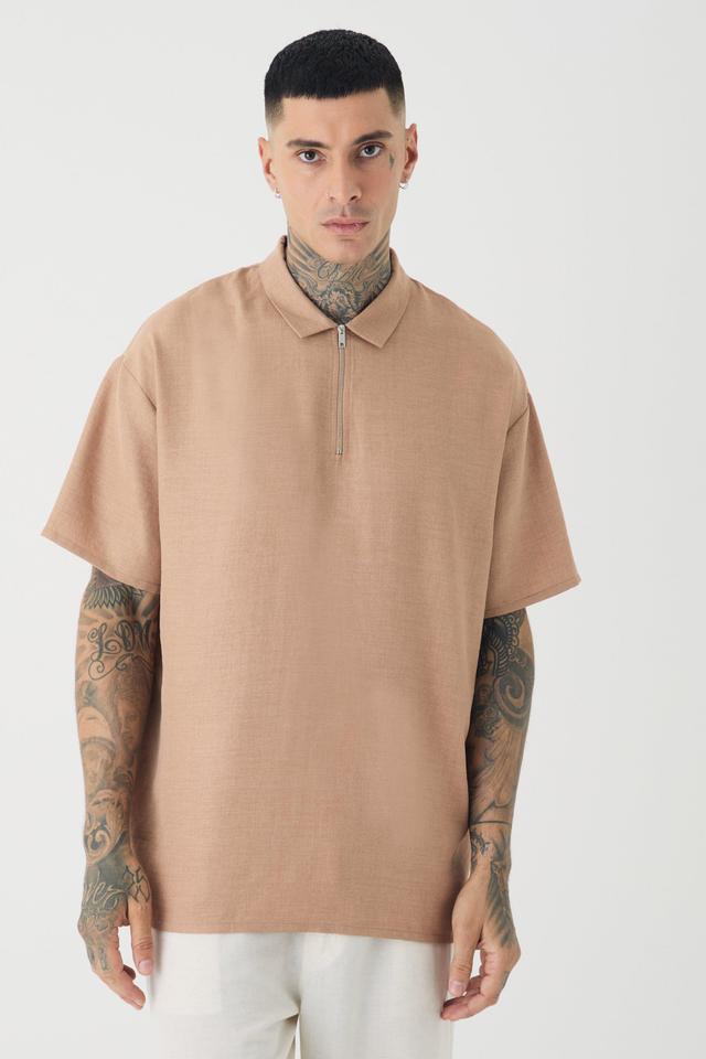 Tall Zip Up Linen Polo In Taupe | boohooMAN USA Product Image