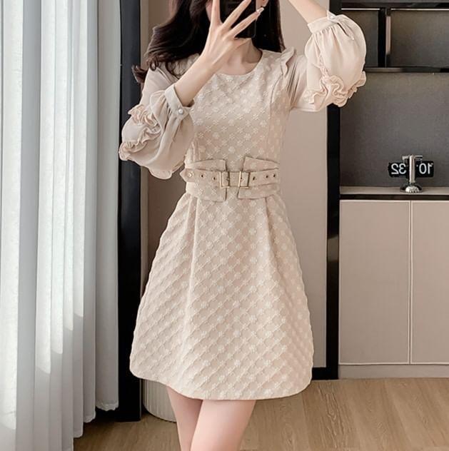 Long-Sleeve Round Neck Floral Mini A-Line Dress Product Image