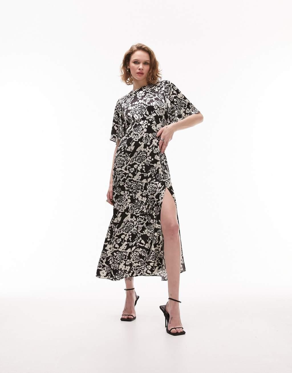 Topshop Austin mono print angel sleeve occasion midi dress in multi Product Image