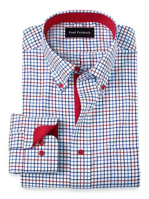 Non-Iron Cotton Tattersall Dress Shirt With Contrast Trim - Blue/red Product Image