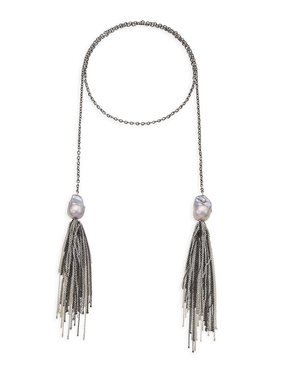 Womens Sterling Silver & Freshwater Pearl Tassel Lariat Necklace Product Image