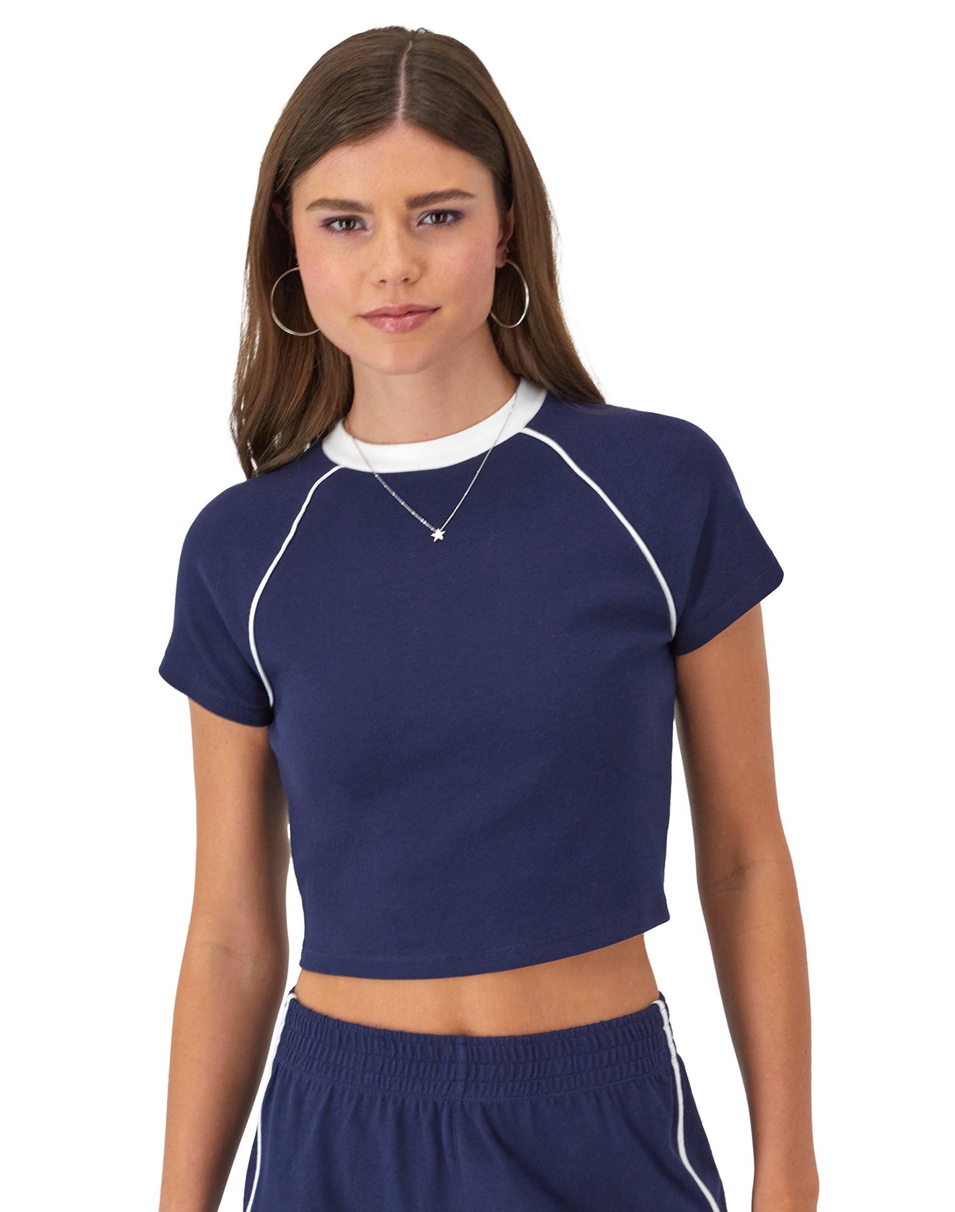 Womens Champion Riley Ringer T-Shirt, Ribbed Dark Night Blue/White L Product Image