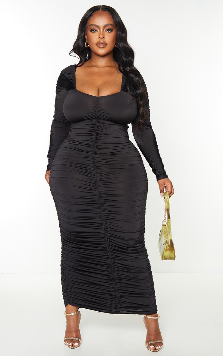 Plus Black Long Sleeve Extreme Ruched Midaxi Dress product image