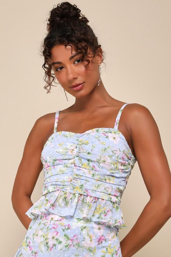 Easily Beloved Light Blue Floral Ruched Ruffled Sleeveless Top Product Image