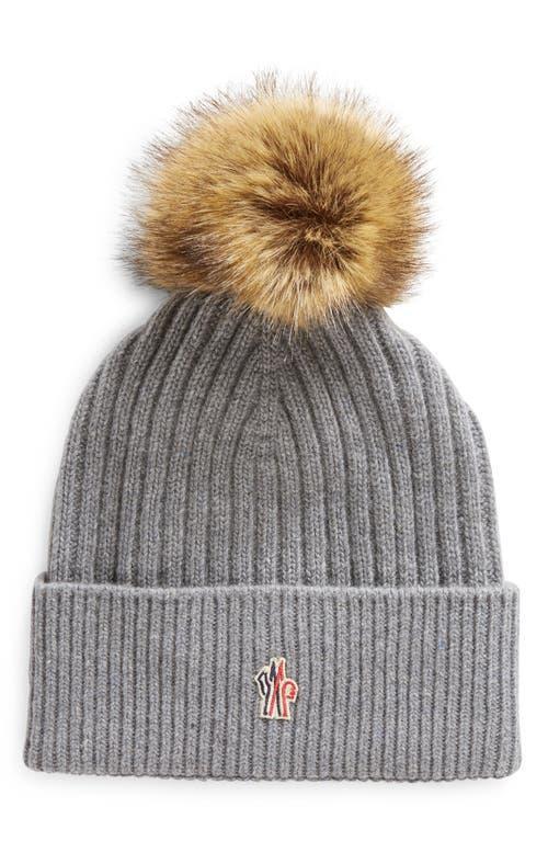 Moncler Grenoble Cashmere & Wool Rib Beanie with Faux Fur Pompom Product Image