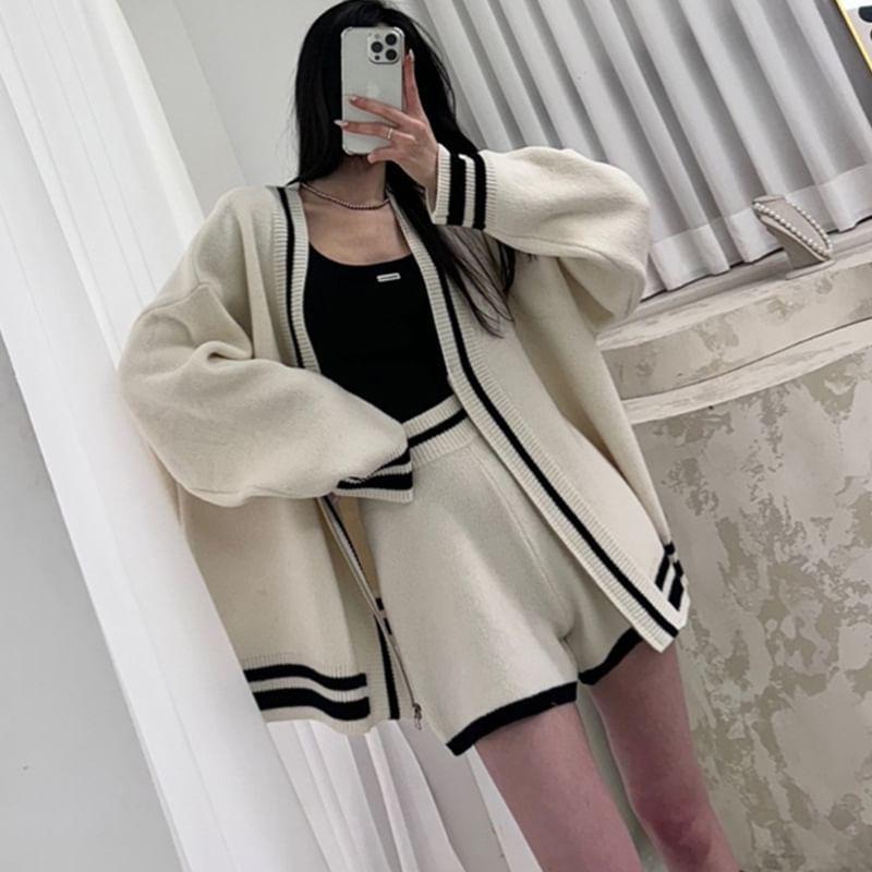 Set: V-Neck Contrast Trim Cardigan + High Waist Shorts Product Image