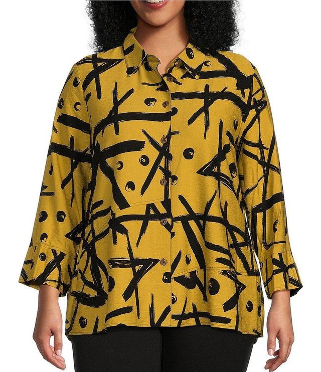 Ali Miles Plus Size Printed Collared 3/4 Cuffed Sleeve Button Down Top Product Image