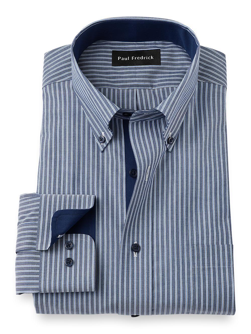 Tailored Fit Non-iron Cotton Stripe Dress Shirt With Contrast Trim Product Image