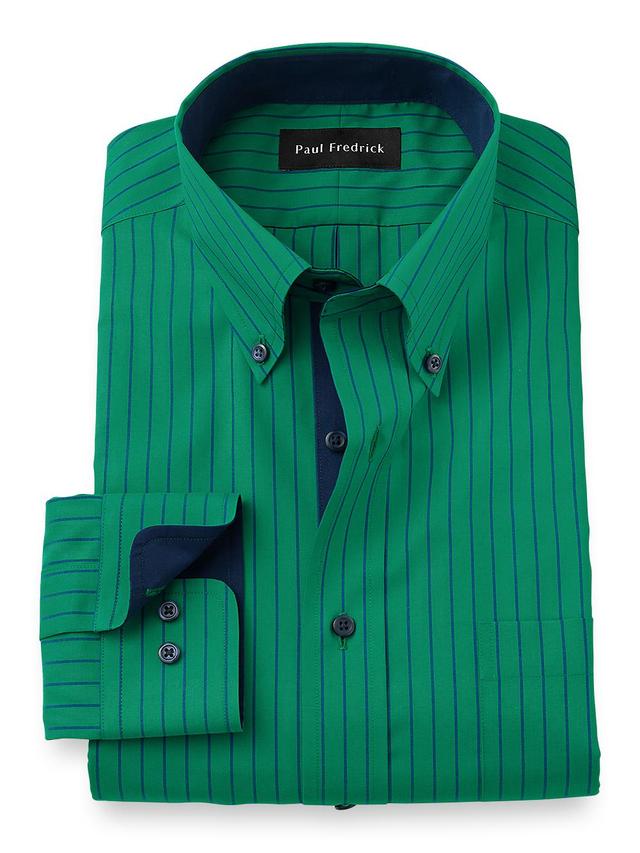 Non-Iron Cotton Stripe Dress Shirt With Contrast Trim - Green Product Image