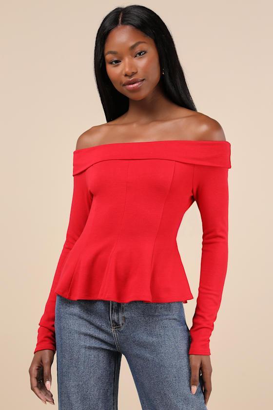 Flattering Pick Red Off-the-Shoulder Long Sleeve Top Product Image