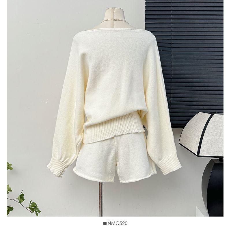 Set: One-Shoulder Loose Knit Top + High-Waist Shorts Product Image