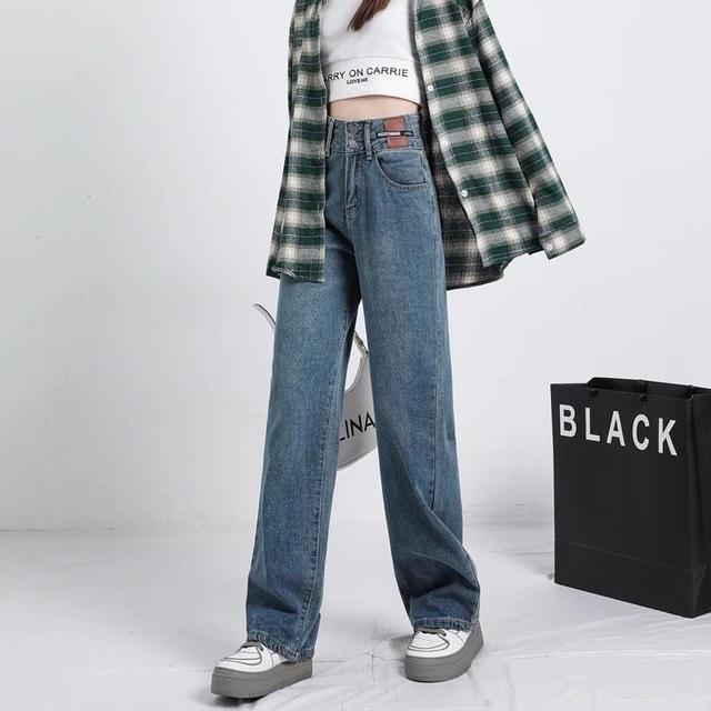 High Waist Washed Straight-Fit Jeans Product Image