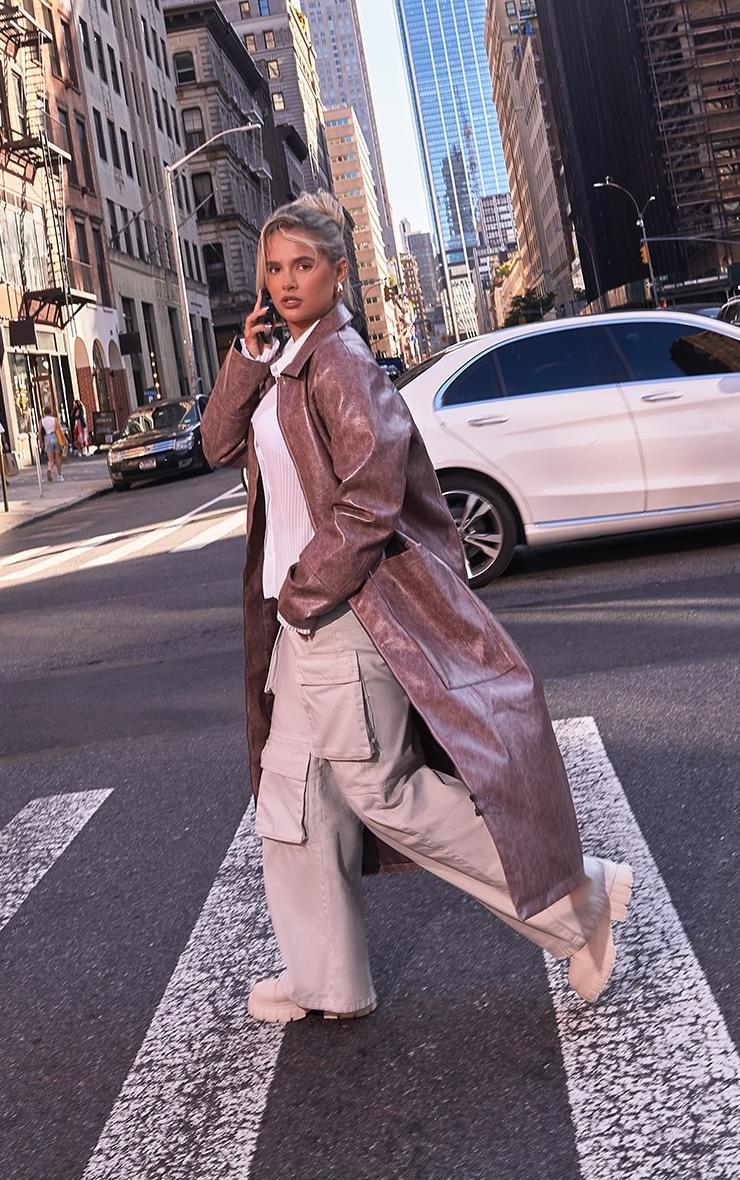 Brown Grained Faux Leather Pocket Front Maxi Coat Product Image