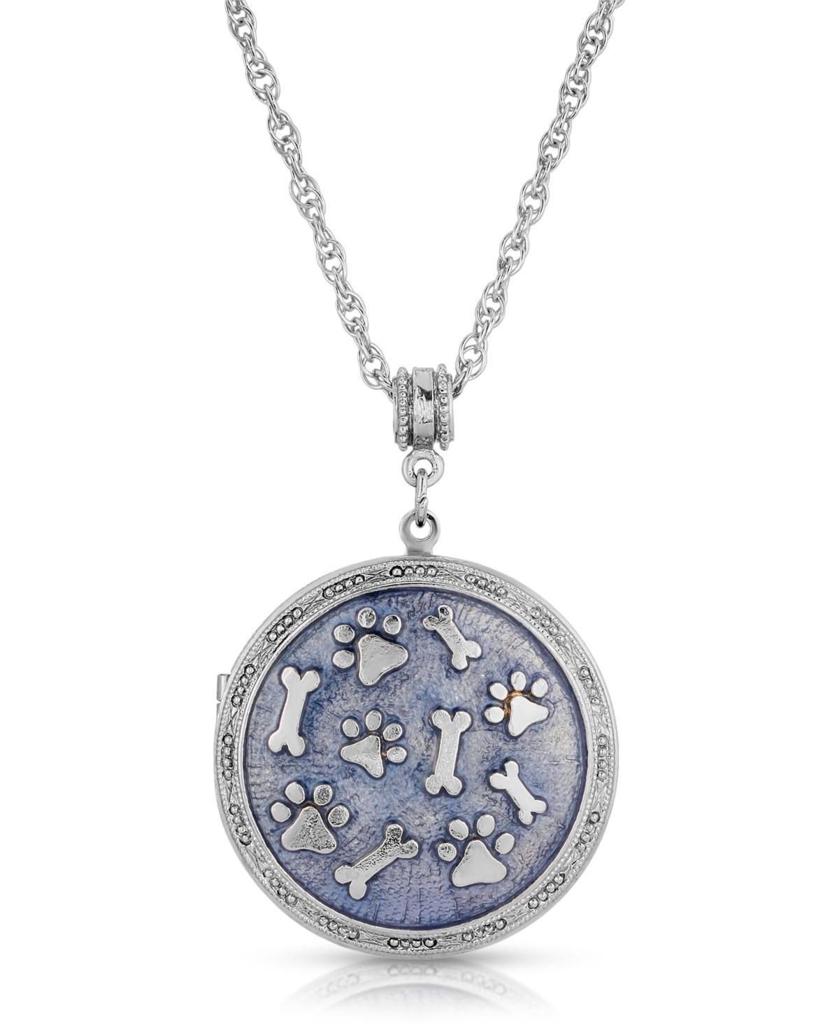 1928 Silver Tone Blue Enamel Paw & Bones Round Locket, Womens Product Image