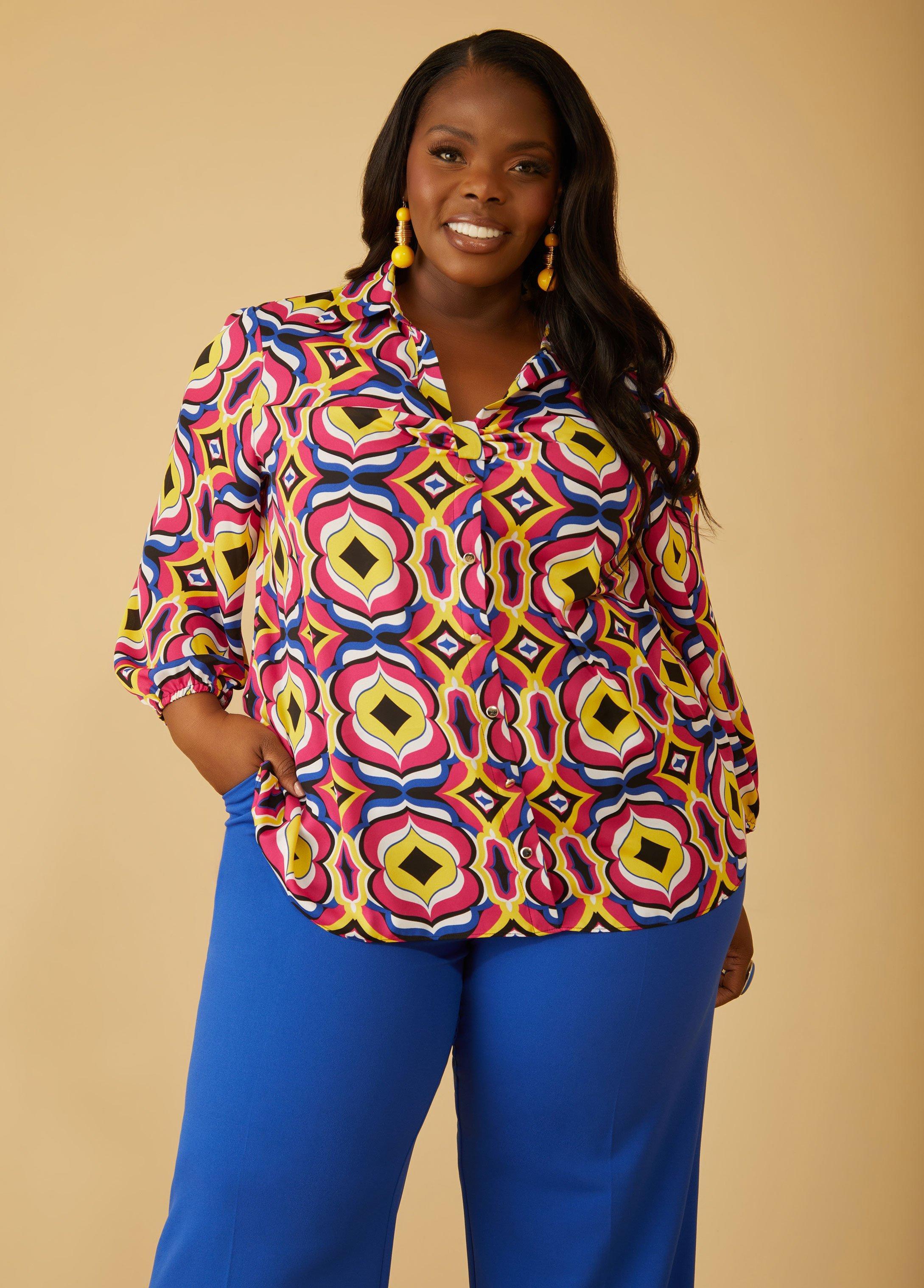 Plus Size Gathered Printed Crepe Blouse Ashley Stewart Product Image