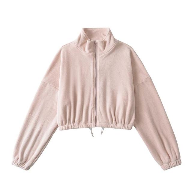 Stand Collar Plain Zip Up Fleece Jacket Product Image