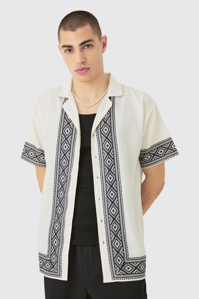 Mens Cream Oversized Linen Look Aztec Border Shirt, Cream Product Image