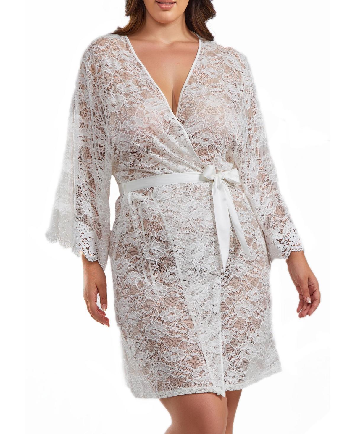 Icollection Women's Rowena Plus Size Soft Sheer Lace Robe With Self Tie Satin Sash, White, 3X Product Image