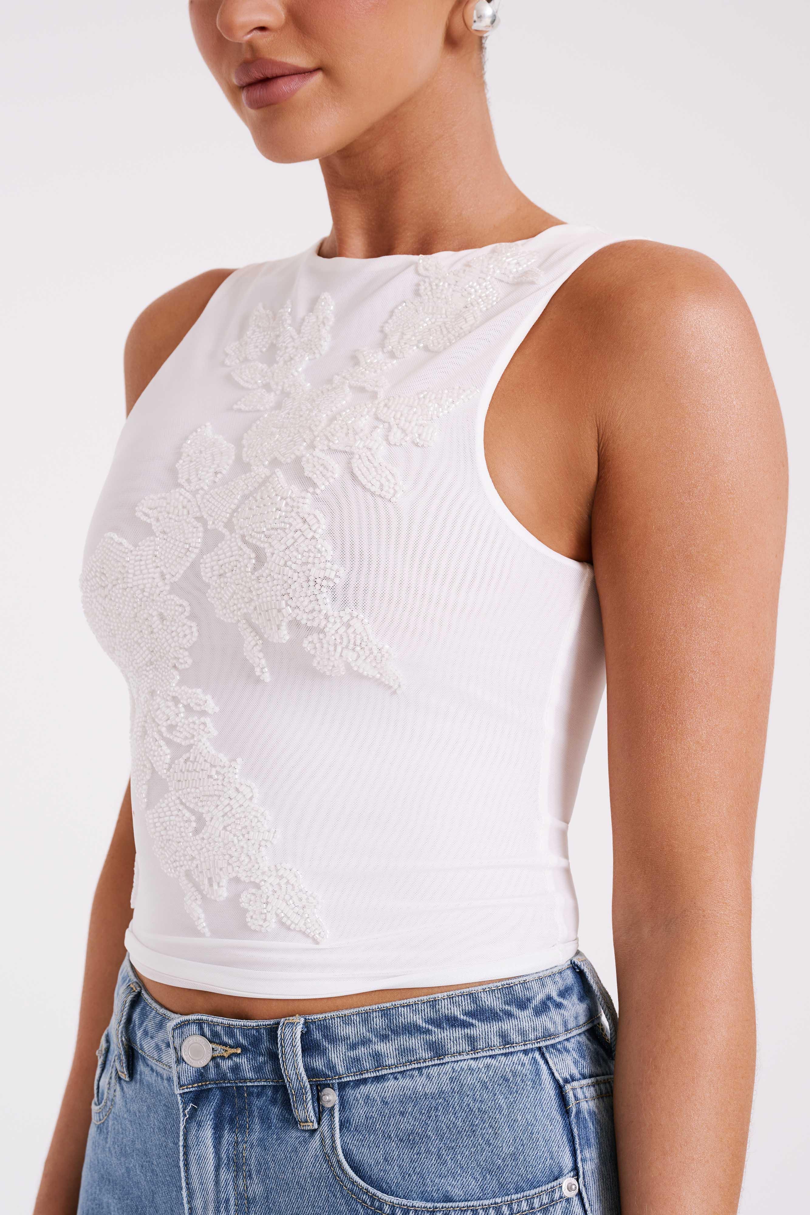 Luci Beaded Flower Mesh Top - White Product Image