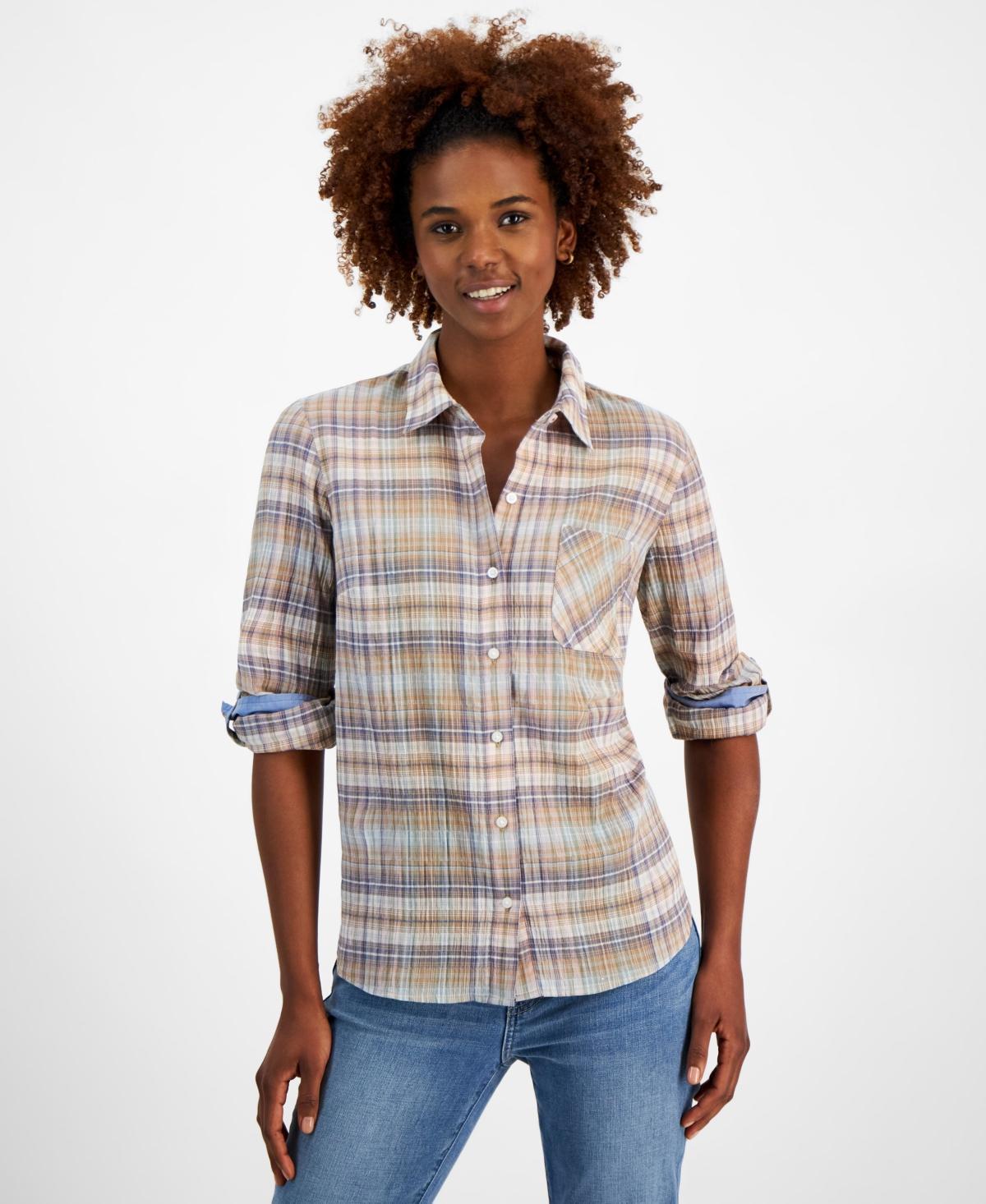 Nautica Jeans Womens Plaid Long-Sleeve Roll-Tab Shirt Product Image