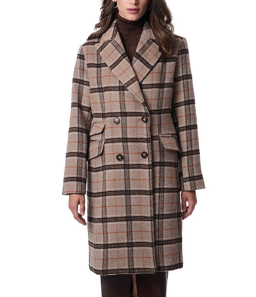 Bernardo Plaid Wool Notch Lapel Collar Long Sleeve Double Breasted Coat Product Image