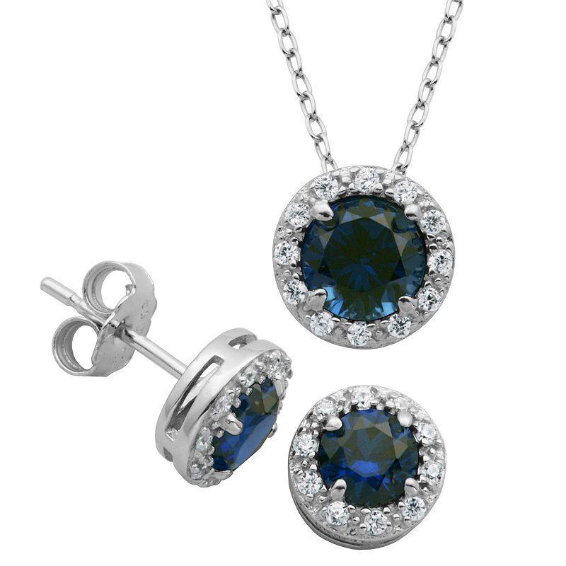 Sterling Silver Lab-Created Sapphire & Cubic Zirconia Halo Pendant & Stud Earrings Set, Womens, Blue Product Image