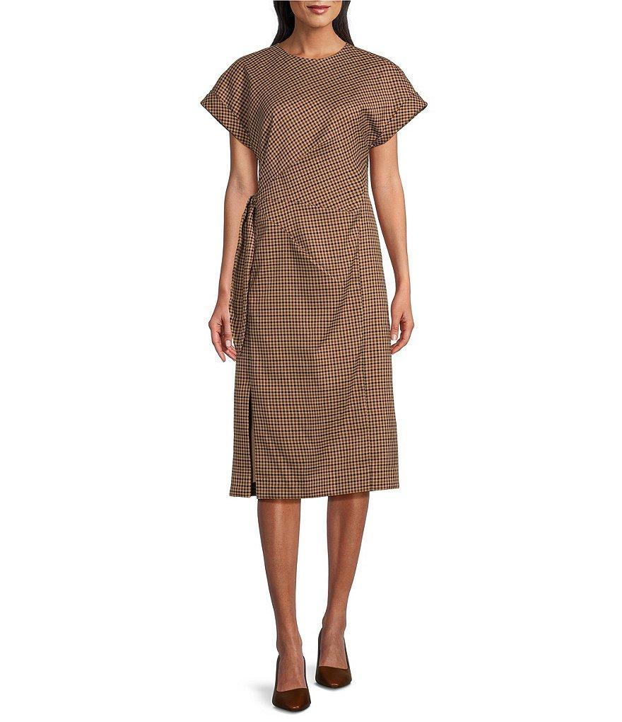 Preston & York Emberly Check Crew Neck Dropped Short Sleeve Tie Side Column Midi Dress Product Image