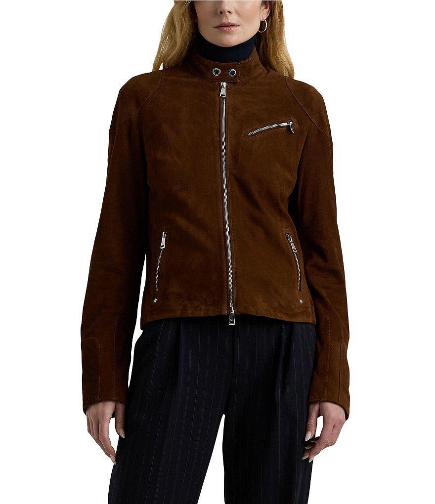 Lauren Ralph Lauren Dimity Band Collar Long Sleeve Suede Moto Jacket Product Image