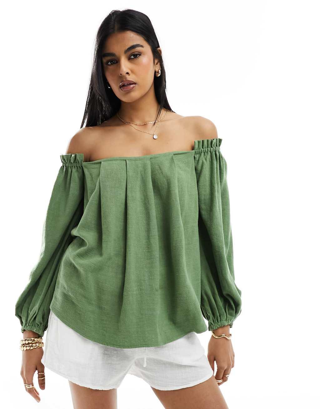 ASOS DESIGN linen look off shoulder pleated top in khaki Product Image