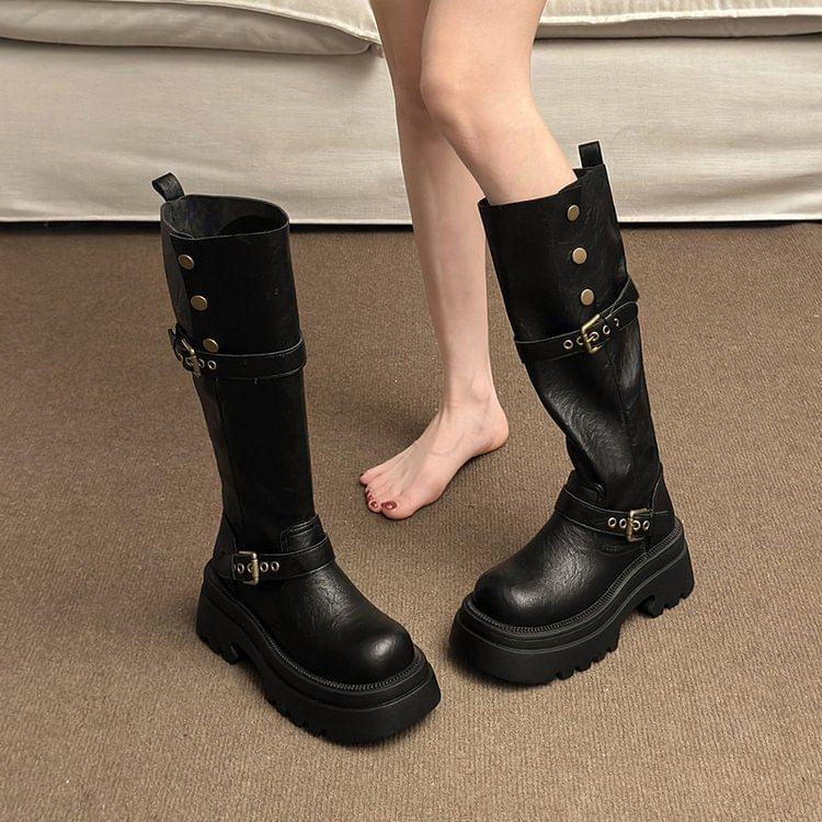 Platform Buckled Button Knee High Boots product image