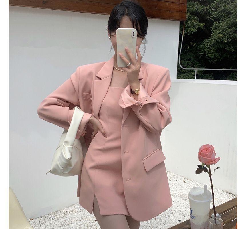 Notch Lapel Plain Single Breasted Blazer / Spaghetti Strap Square Neck Plain Slit Mini A-Line Dress Product Image