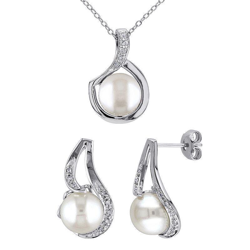 Stella Grace Sterling Silver Freshwater Cultured Pearl & 1/10 Carat T.W. Diamond Pendant & Earring Set, Womens Product Image