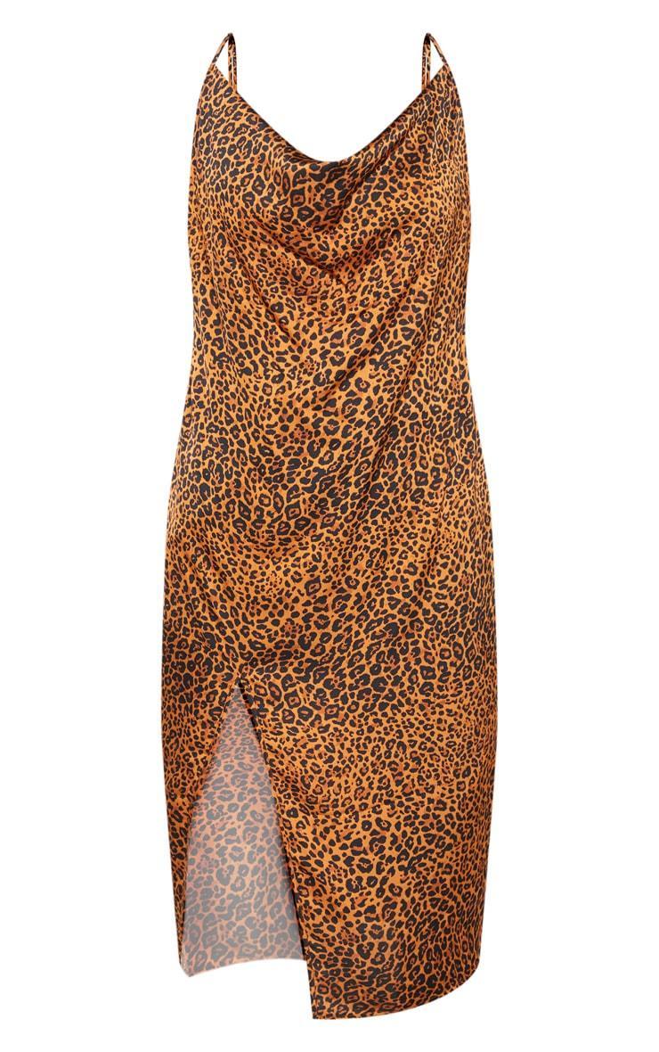 Plus Leopard Print Strappy Satin Cowl Midi Dress Product Image