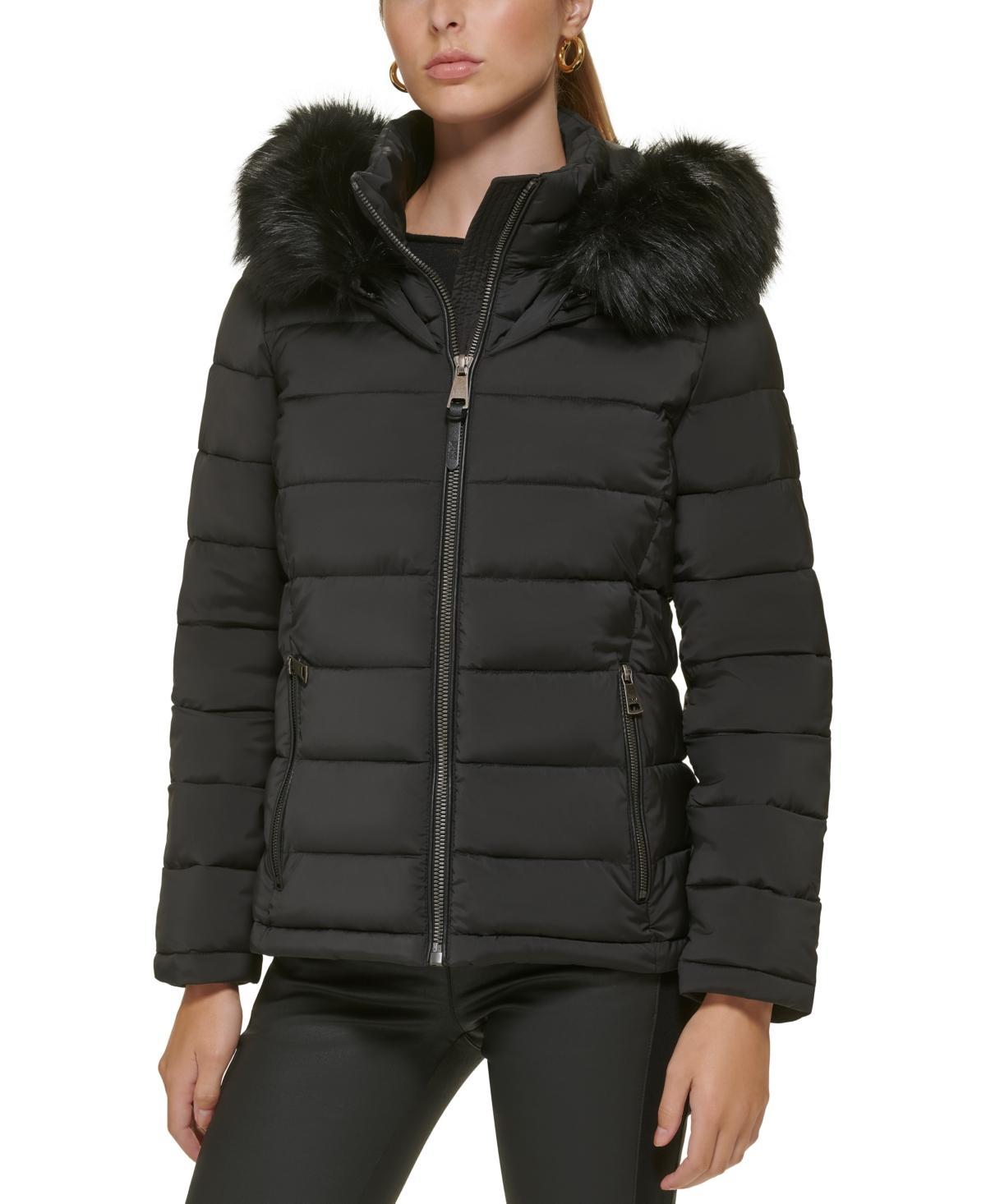 Dkny Womens Faux-Fur-Trim Hooded Puffer Coat Product Image