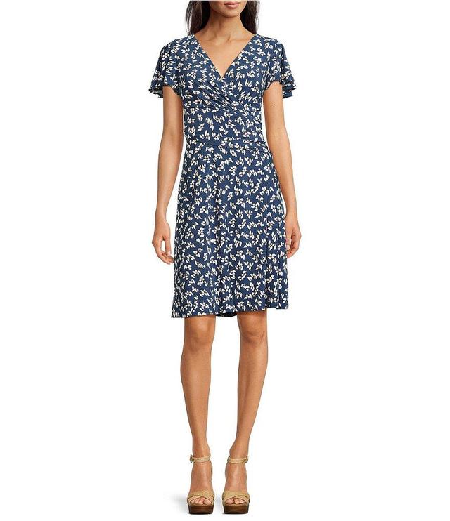 Lauren Ralph Lauren Floral Stretch Jersey Surplice V-Neck Flutter Sleeve Pleated Dress Product Image