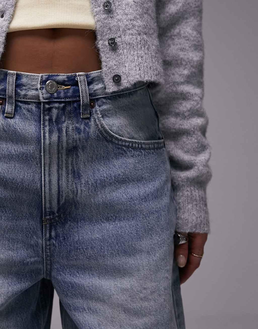 Topshop high rise baggy jeans in mid blue Product Image